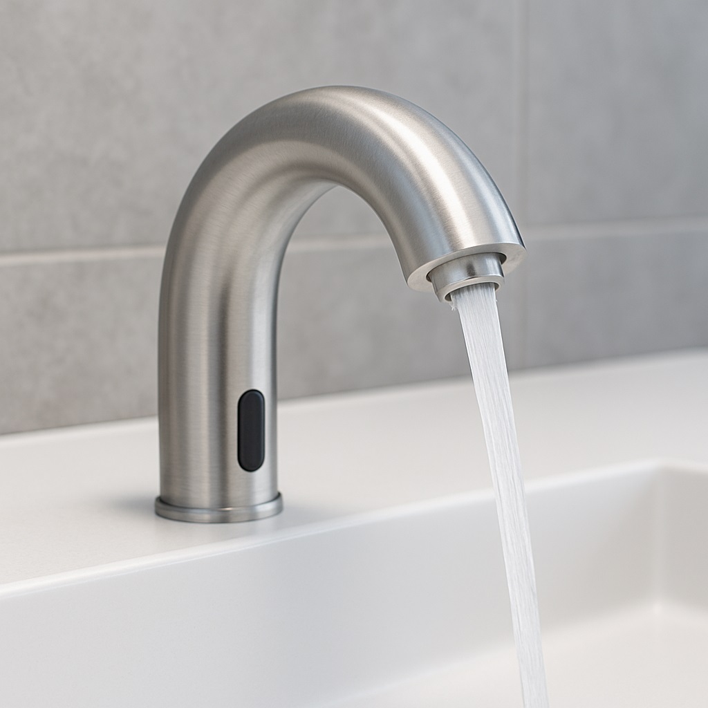 Chrome commercial faucet and flush system in coordinated restroom design